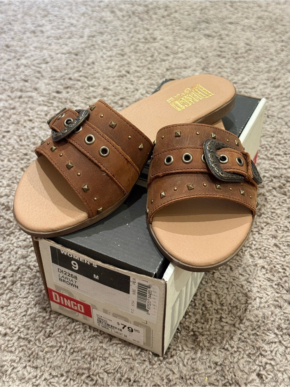 dingo Brown Studded Buckle Slide Sandals